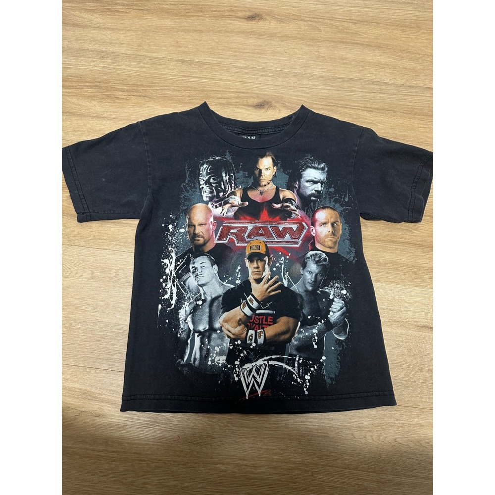Vintage 2007 WWE Raw Graphic T-Shirt Kids XS John Cena Triple H Jeff Hardy Black